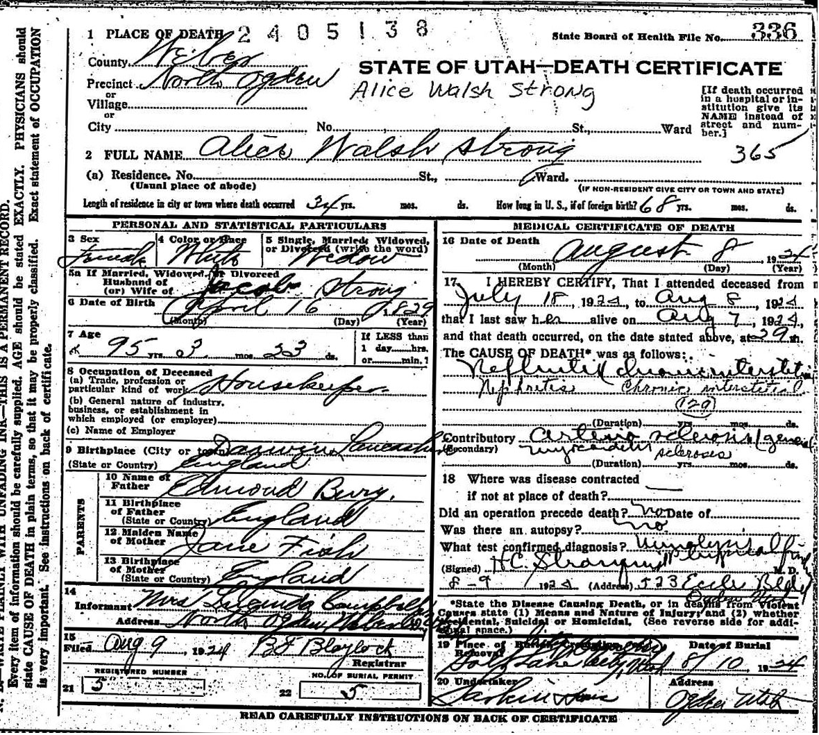 Alice Fish Bury Walsh Strong's death certificate.